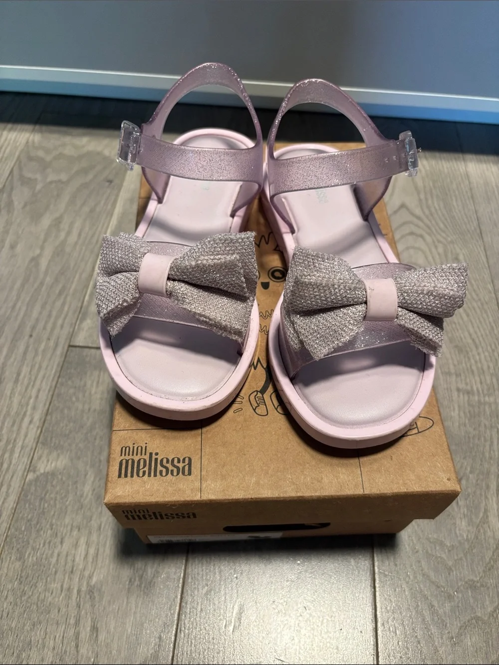 Mini Melissa Girls' Light Pink Mar Glitter Bow Jelly Sandals